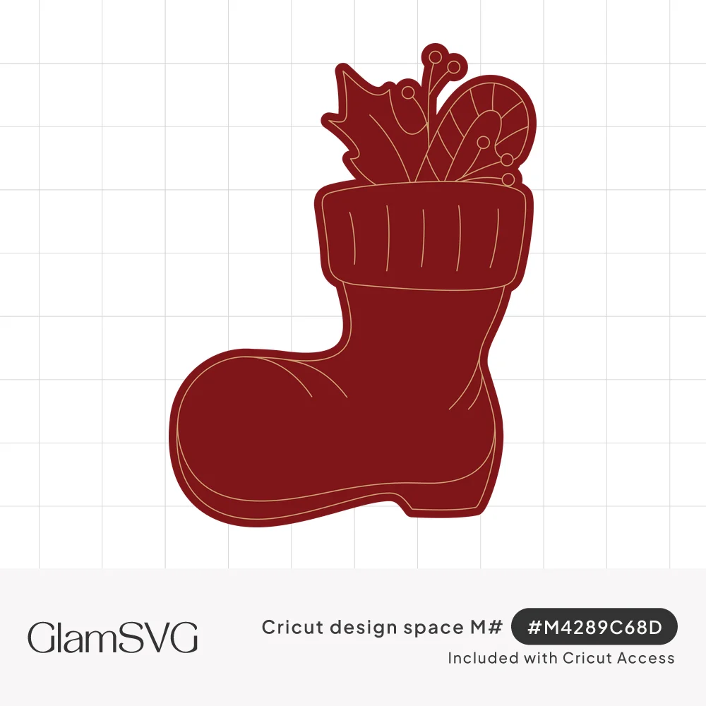 Red Santa boot with a ribbed cuff holding a candy cane, holly leaf and berries, detailed with thin gold lines