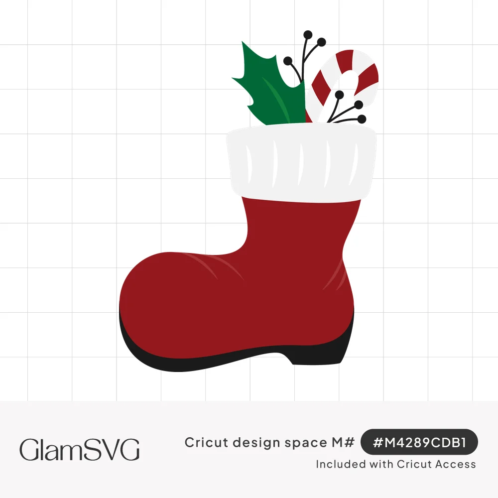 Red Santa Claus boot with white fur cuff holding green holly, a red and white candy cane and black berry sprigs