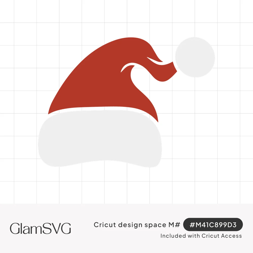 Red Santa hat with a curled tip, white fur brim and round white pom-pom on a plain background