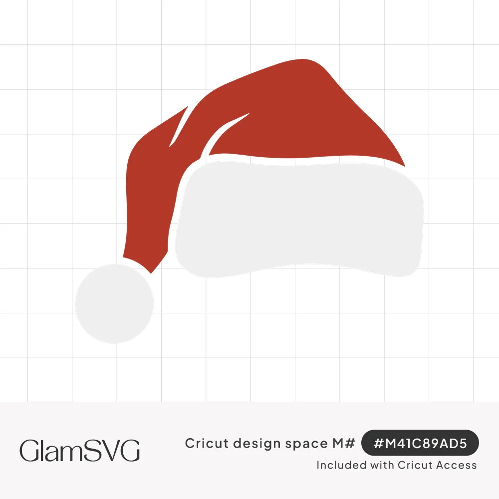 Red Santa hat with a curved tip, white fur brim and a round white pom-pom on a plain background