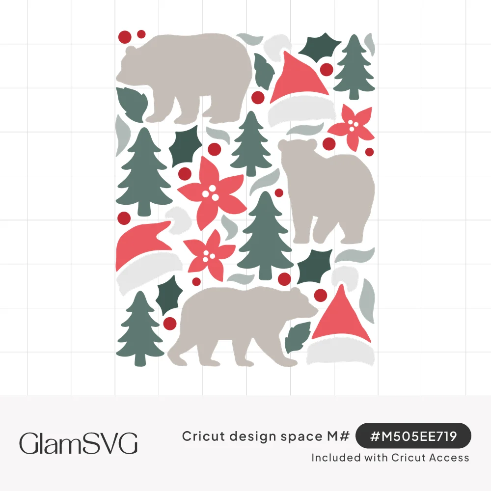 Repeating Christmas pattern of gray bears, red Santa hats, green pine trees, red poinsettias, holly leaves and berries