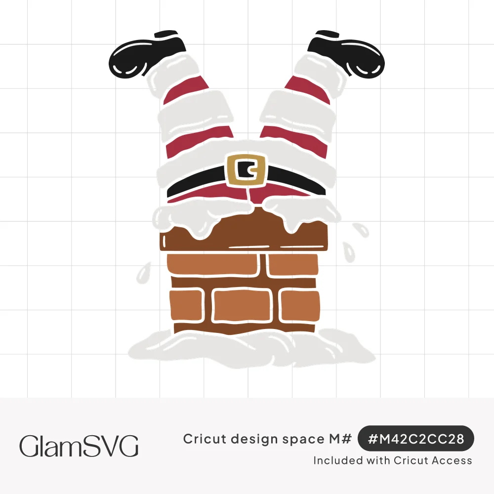 Santa upside down in a snow-covered brick chimney with striped legs, black boots and gold belt buckle showing