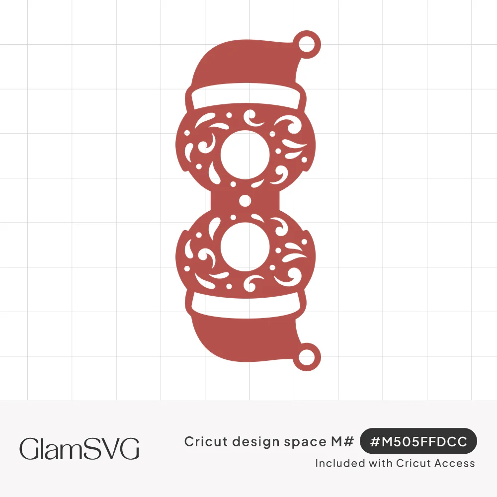 Red folding lollipop holder with Santa hats at each end, swirling filigree circles, center holes and a dashed fold line