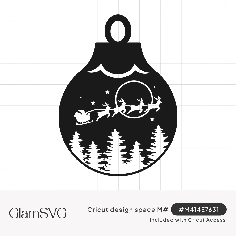 Black silhouette Christmas ornament with Santa's sleigh and reindeer flying past a full moon over a row of pine trees