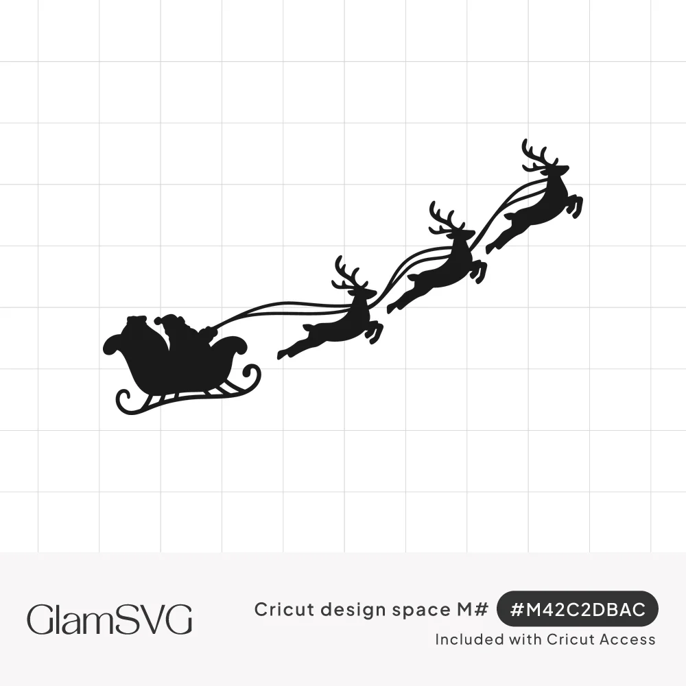 Black silhouette of Santa in his sleigh with a toy sack, pulled by three leaping reindeer flying upward