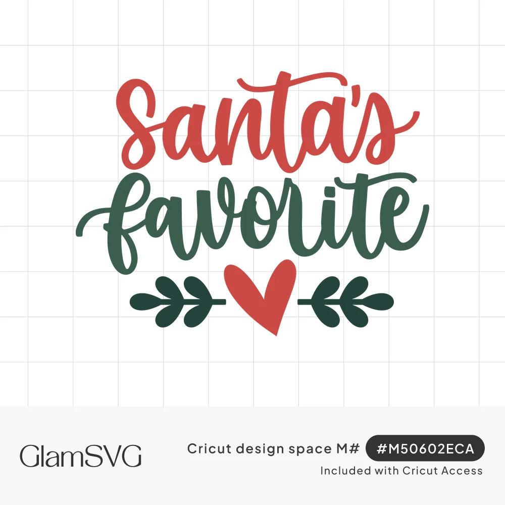 Red and green script lettering reading Santa's Favorite above a small red heart flanked by two green leafy sprigs