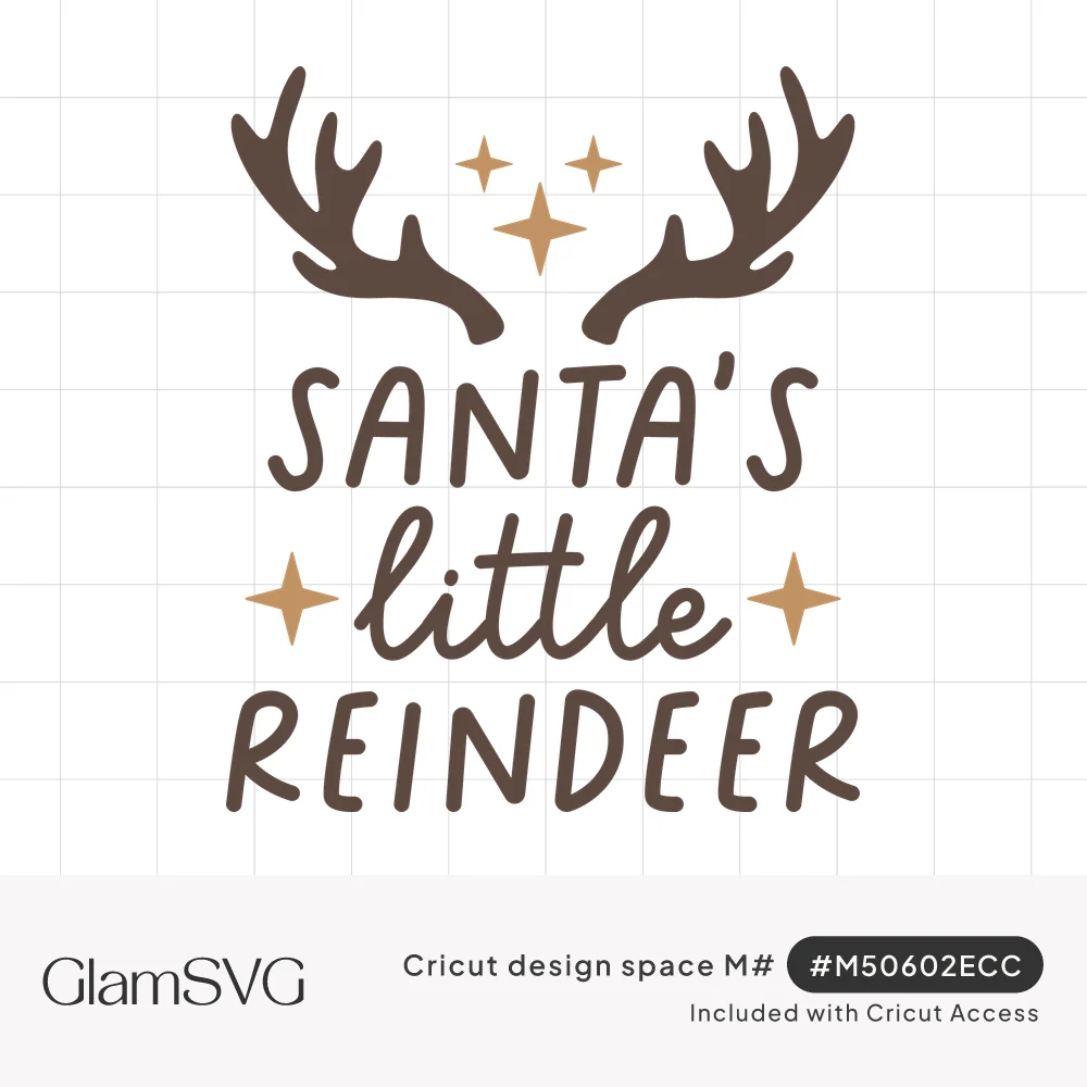 Brown reindeer antlers above hand-lettered Santa's Little Reindeer text with small gold sparkle stars