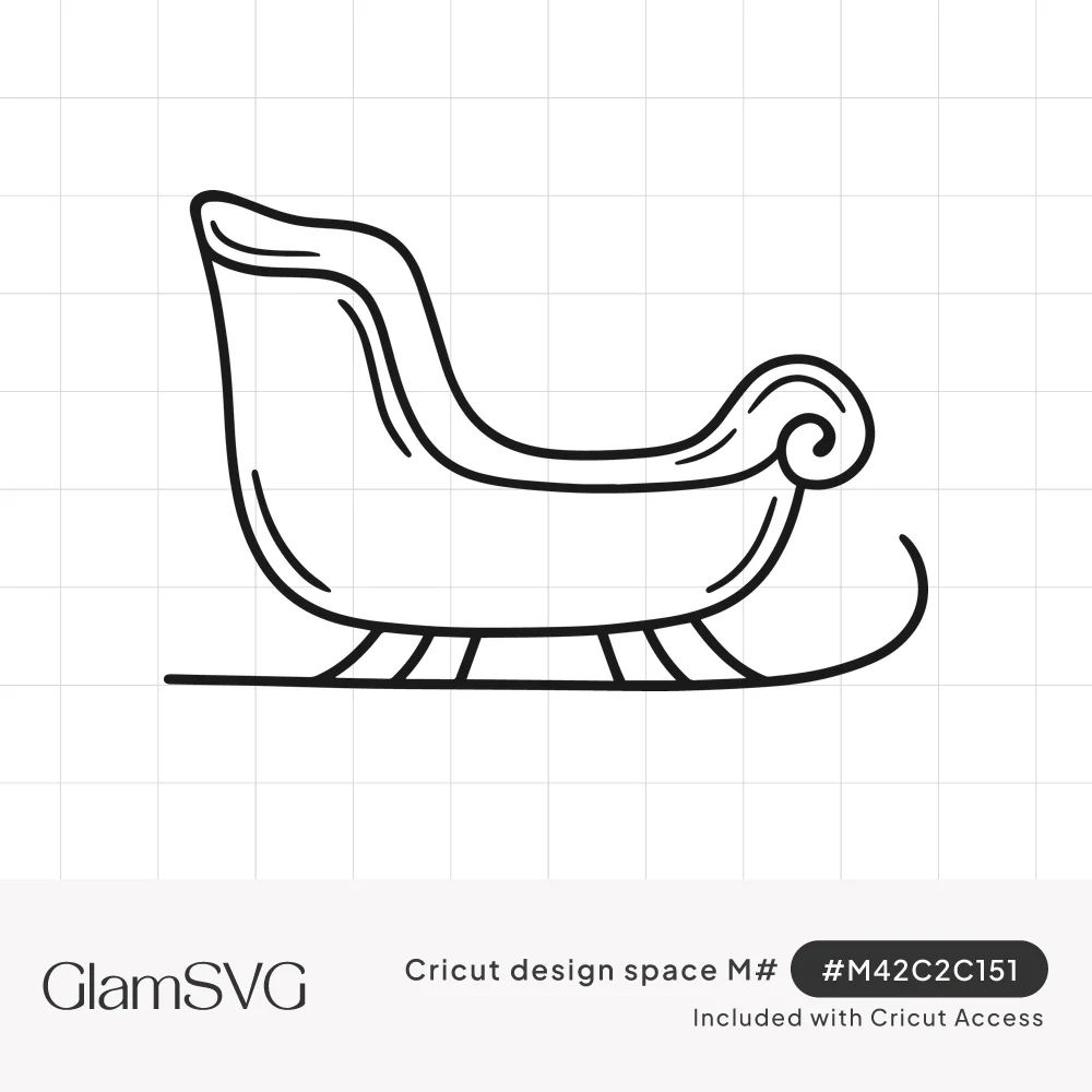Black line art drawing of a classic Santa sleigh with a curled scroll front and long curving runner
