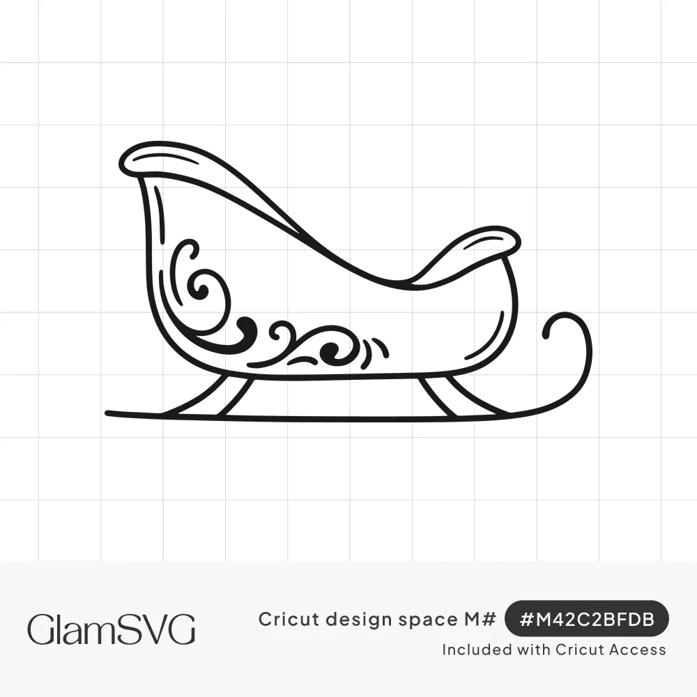Black line drawing of Santa's sleigh with curled runners and decorative swirls on the side panel