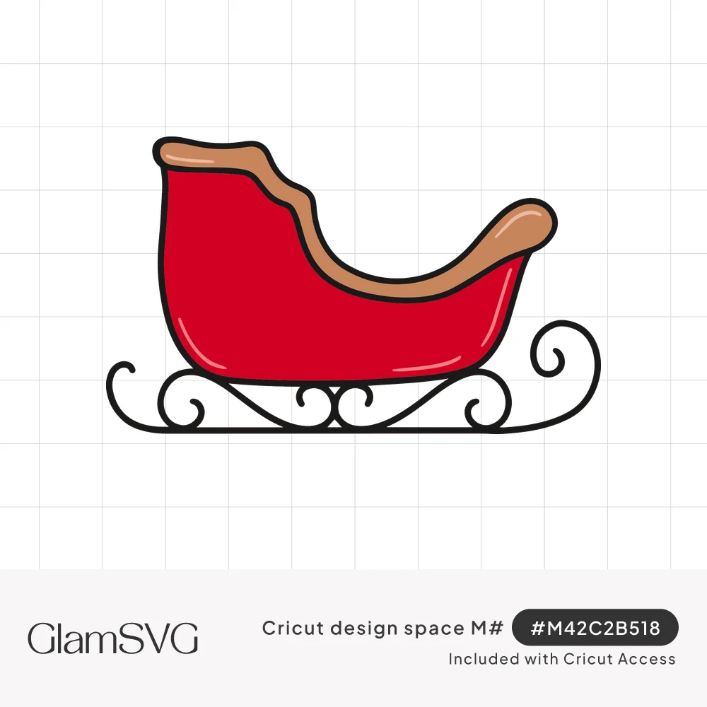 Red cartoon Santa sleigh with tan trim and curly black scrolled runners, drawn with bold black outlines