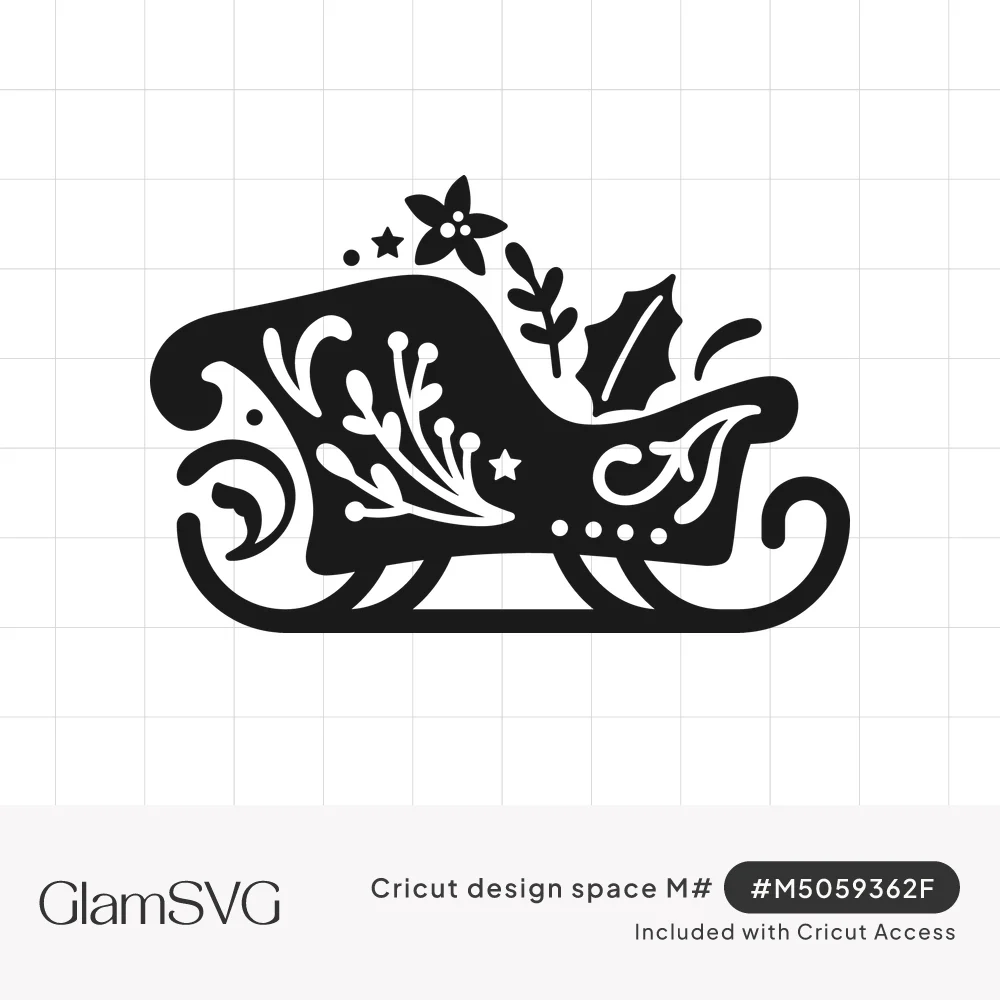 Black silhouette of Santa's sleigh with cut-out swirls, berry sprigs, stars, holly leaf and poinsettia on top