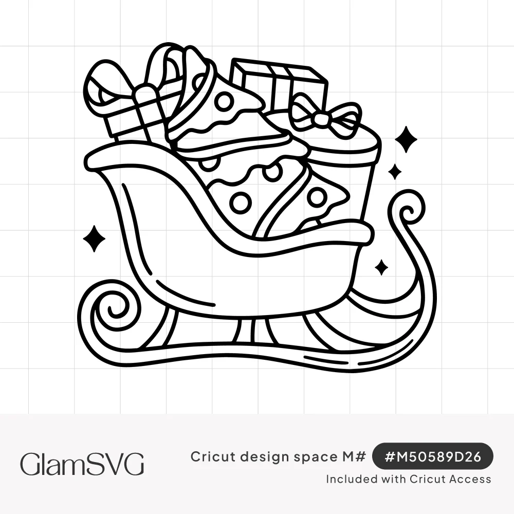 Black line drawing of Santa's sleigh with curled runners, piled with wrapped gifts, bows and a small Christmas tree