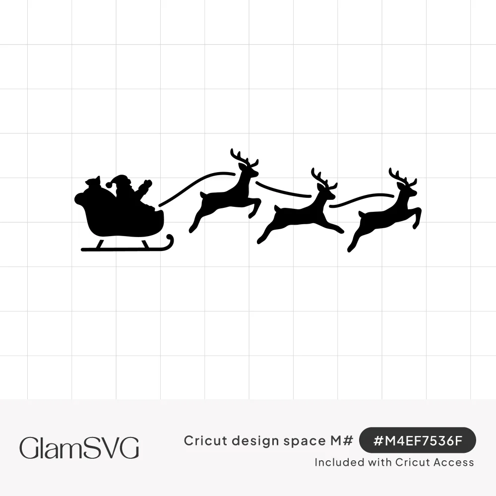 Black silhouette of Santa waving from a sleigh with a gift sack, pulled by three leaping reindeer