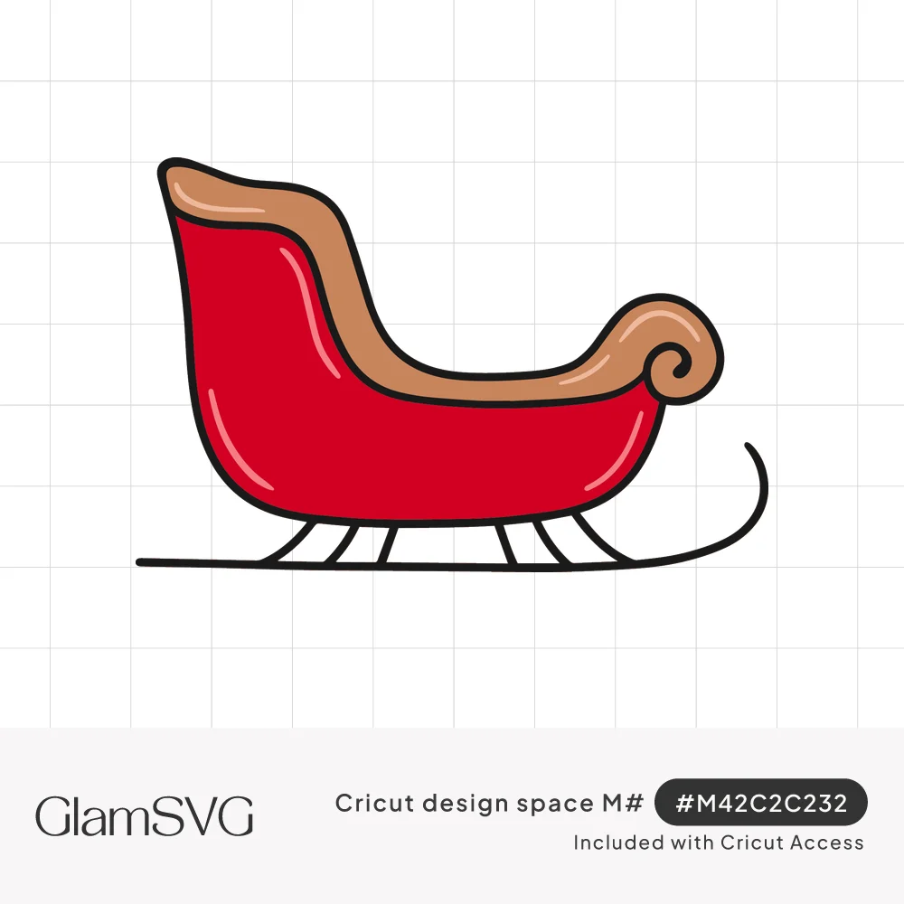 Cartoon red Christmas sleigh with tan curled trim and black runners, drawn with bold black outlines