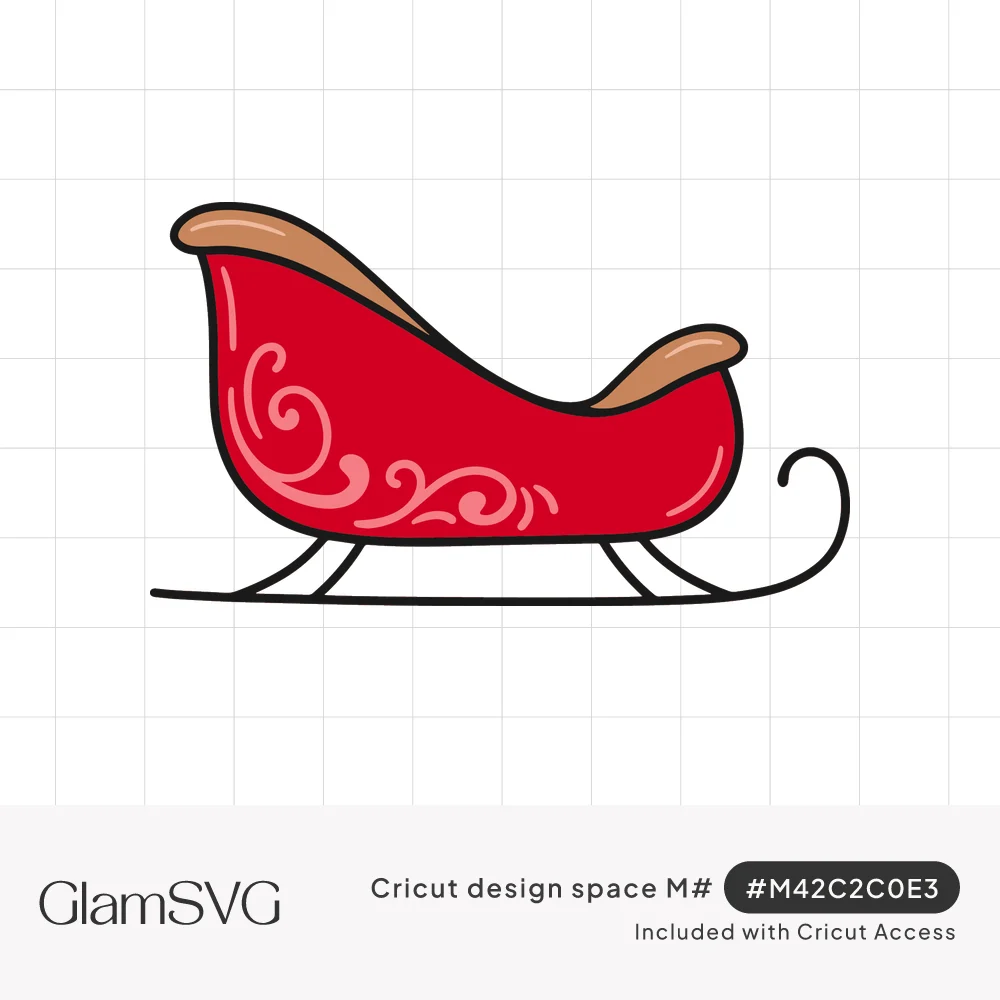 Red Santa's sleigh illustration with pink swirl scrollwork, tan seat and curled black runners