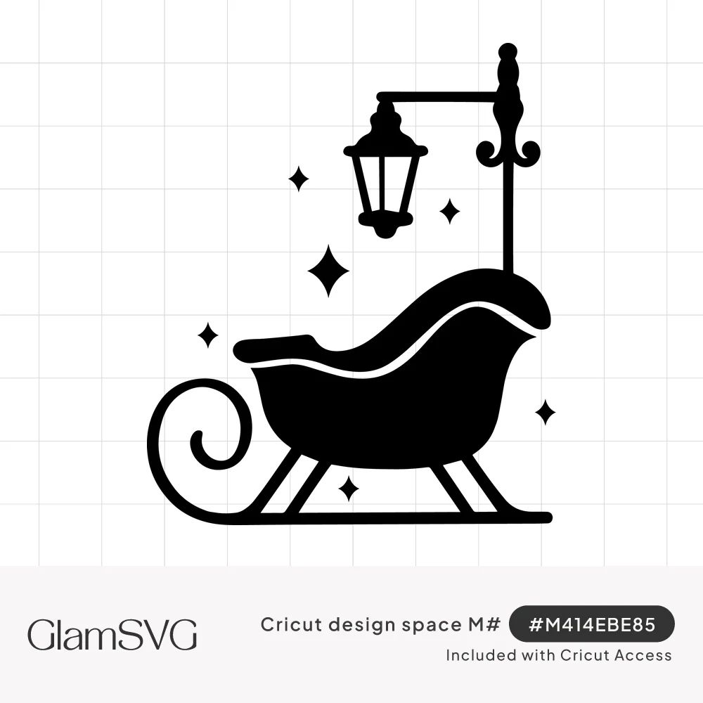 Black silhouette of a curled-runner sleigh under a hanging lantern on an ornate post, surrounded by small sparkles