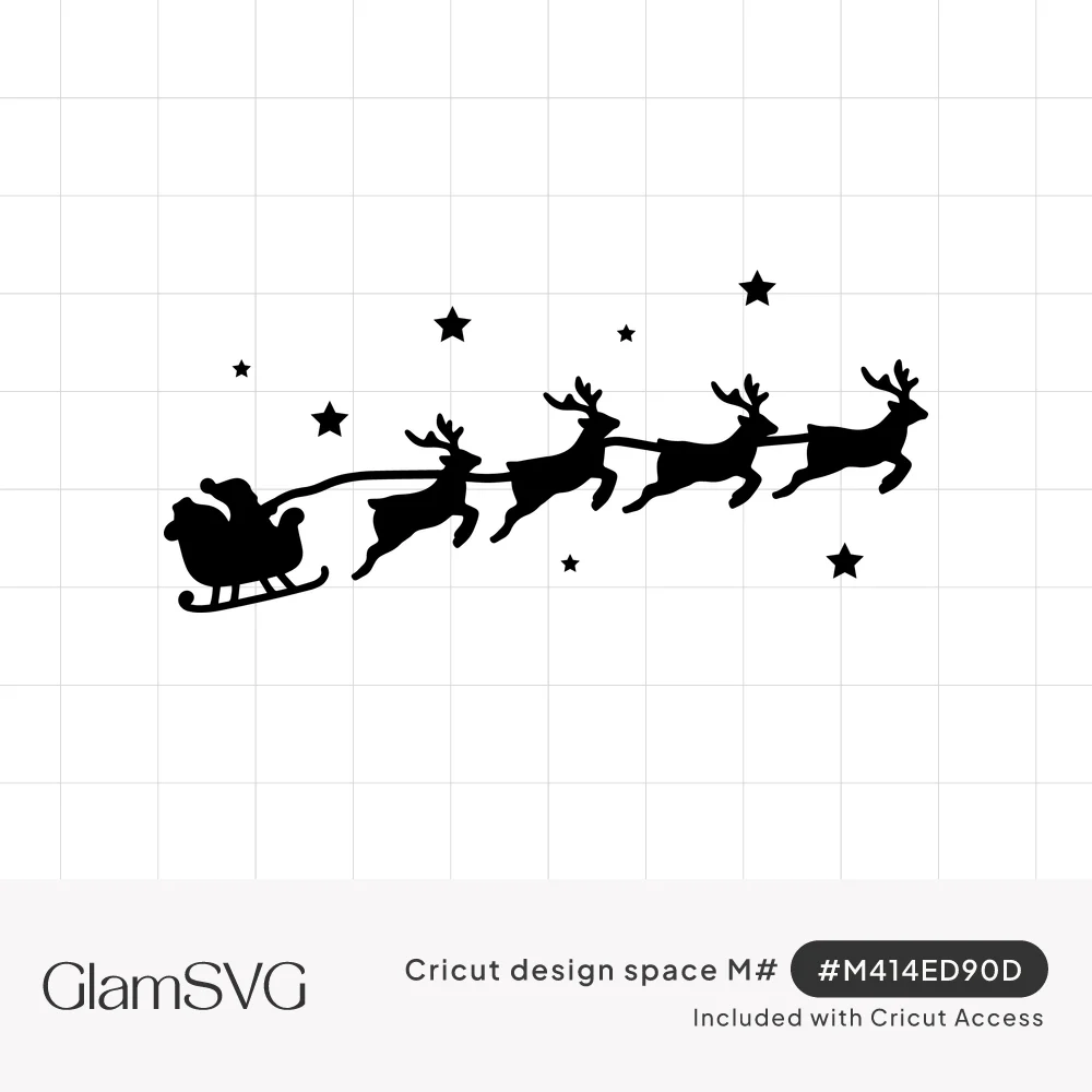 Black silhouette of Santa in his sleigh pulled by four flying reindeer, with small stars scattered across the sky