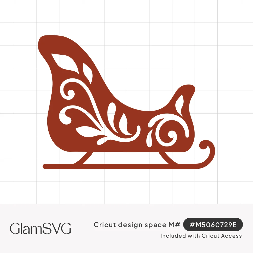 Rust red Christmas sleigh silhouette with curled runners and white swirling leaf flourish cutouts on its body