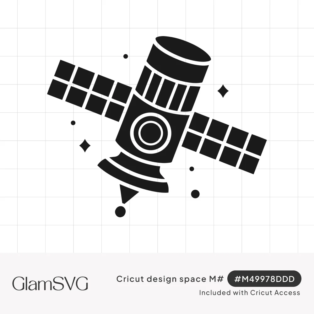 Black silhouette of a satellite with paneled solar wings and a round porthole, surrounded by small stars and dots