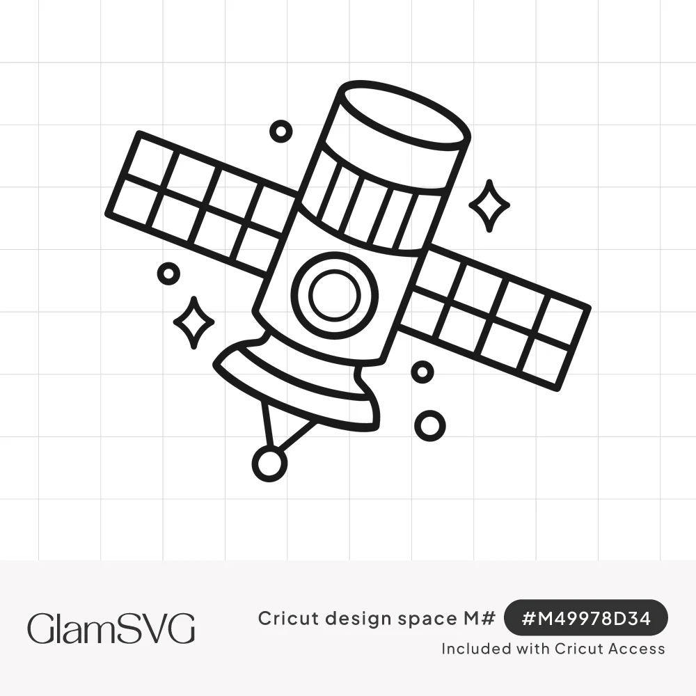 Black outline drawing of a satellite with grid solar panels, round porthole and antenna, surrounded by small stars and dots