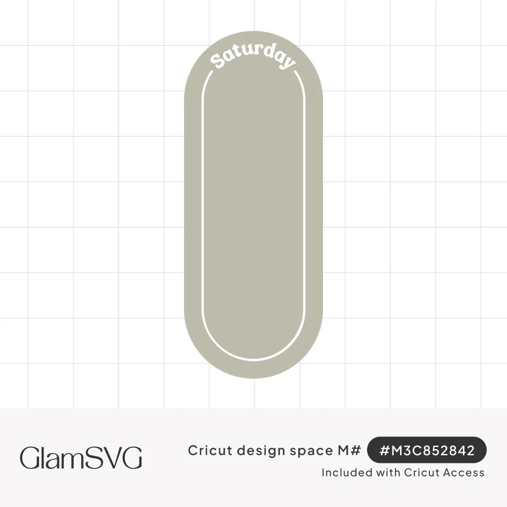 Tall rounded sage capsule shape with the word Saturday arched in white at the top and a thin white inner outline