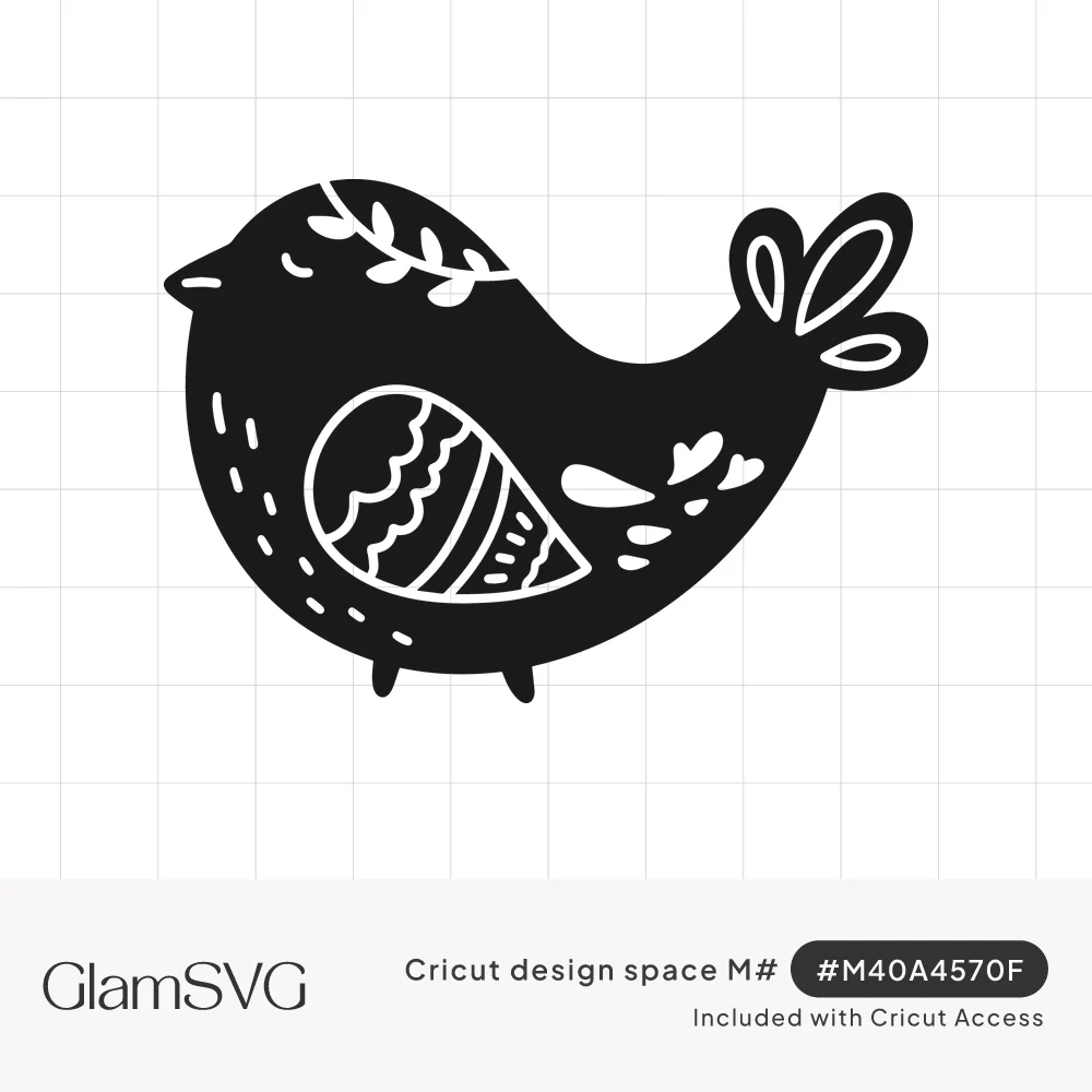 Black silhouette of a chubby Scandinavian folk bird with a patterned wing, leafy sprig, hearts and dashed stitch lines