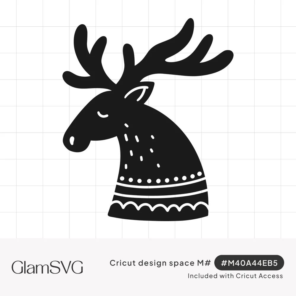 Black silhouette of a moose head with tall antlers, closed eyes and white Nordic dot and scallop folk pattern