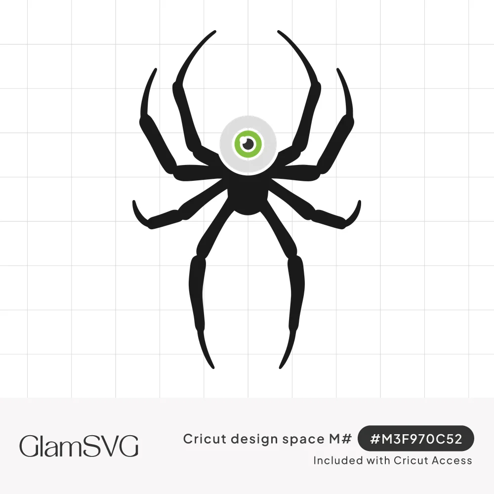 Black silhouette spider with long jointed legs and a single large green eyeball in the center of its body