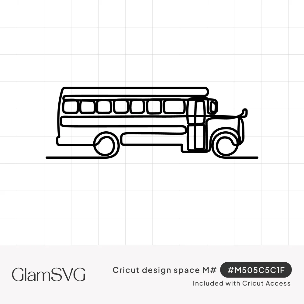 Continuous single-line black drawing of a school bus with a row of windows, rounded hood and two wheels