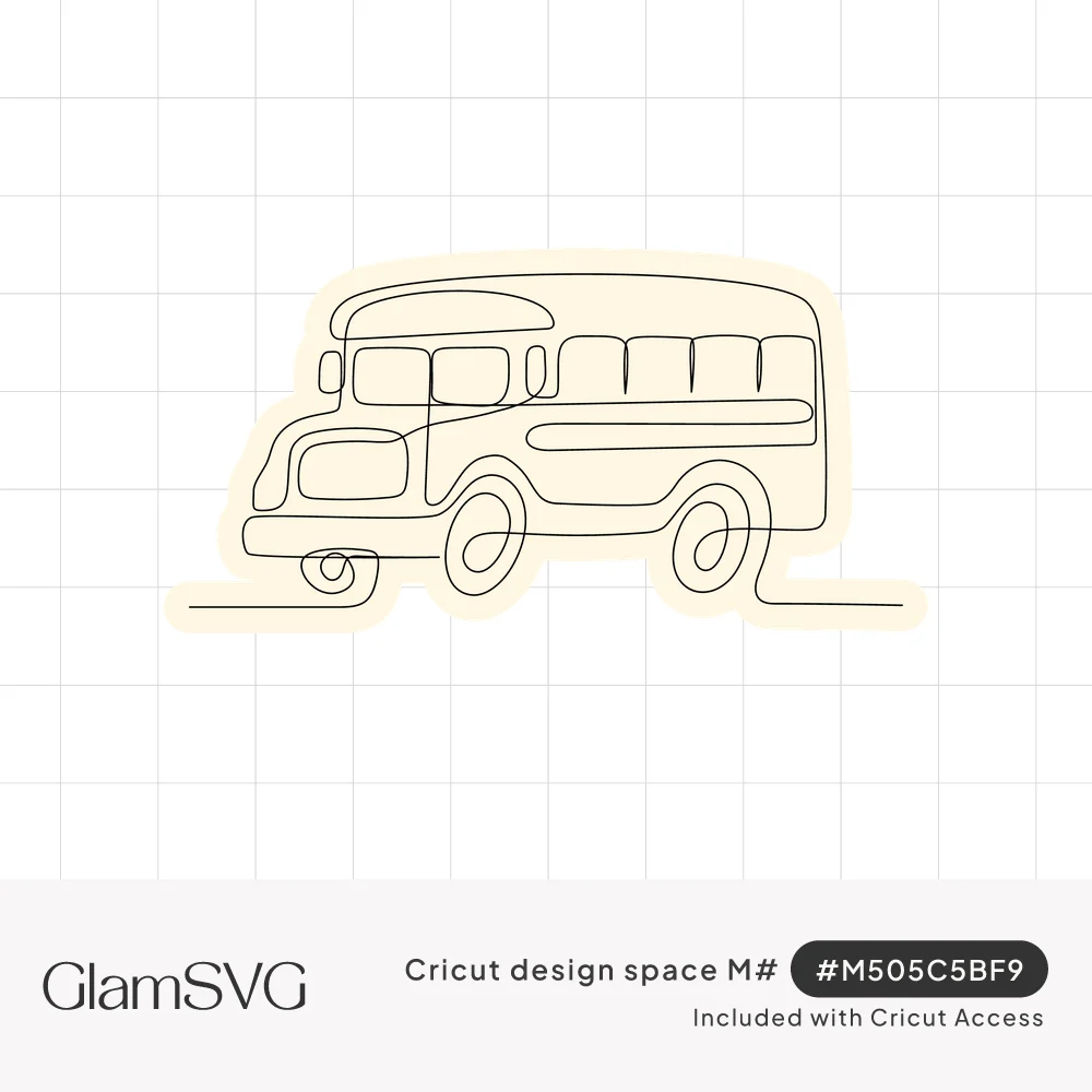 Continuous single line drawing of a classic school bus with looped wheels and a trailing road line
