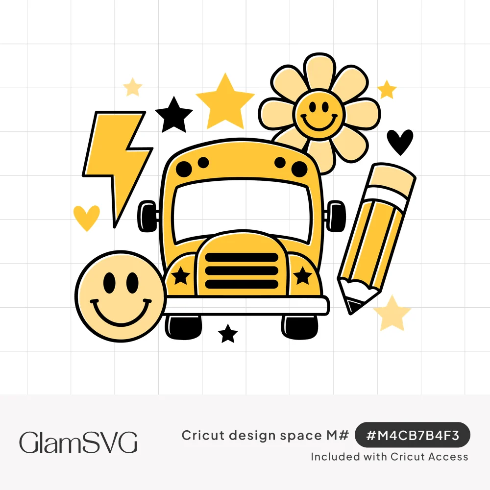 Yellow school bus front view surrounded by smiley faces, smiling daisy, pencil, lightning bolt, stars and hearts