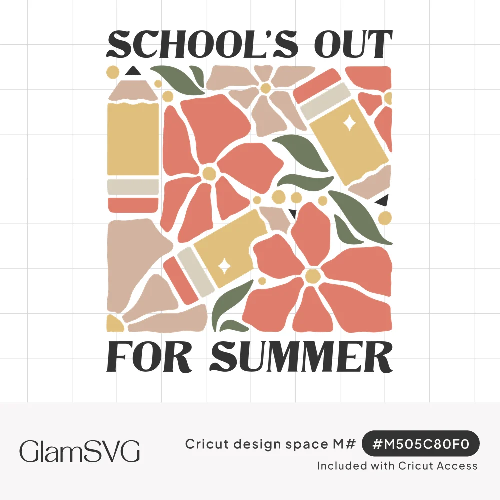 School's Out For Summer lettering around a mosaic of yellow pencils, coral flowers and sage leaves in a square block