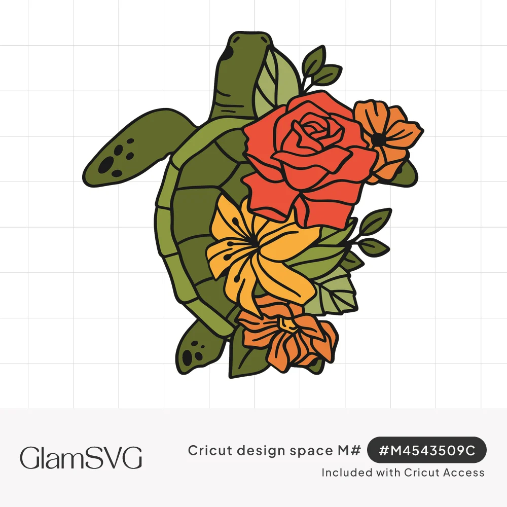 Green sea turtle with bold black outlines and a cluster of red rose, yellow lily and orange flowers over its shell