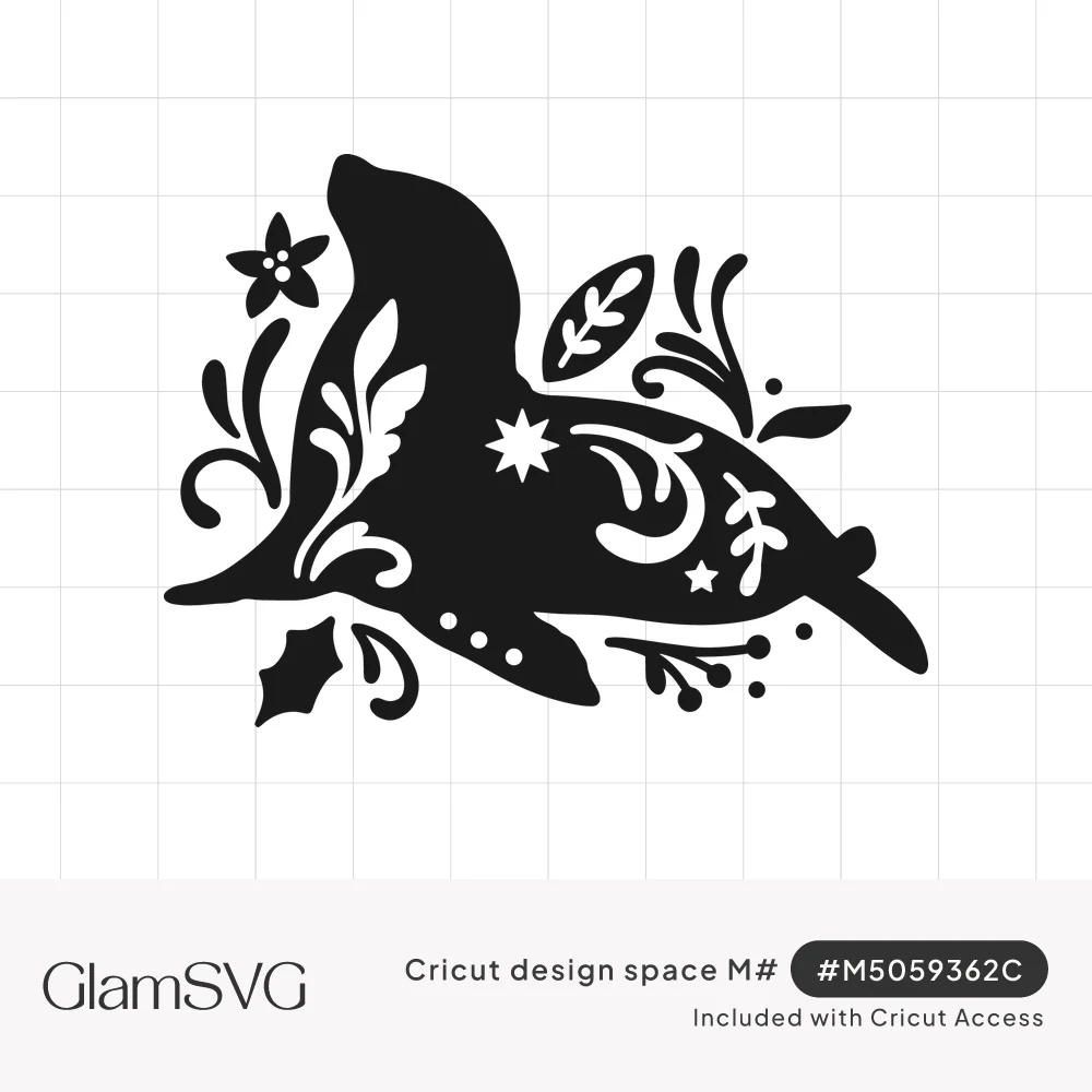 Black silhouette of a seal decorated with folk art cutouts of swirls, leaves, stars, a moon and a small flower