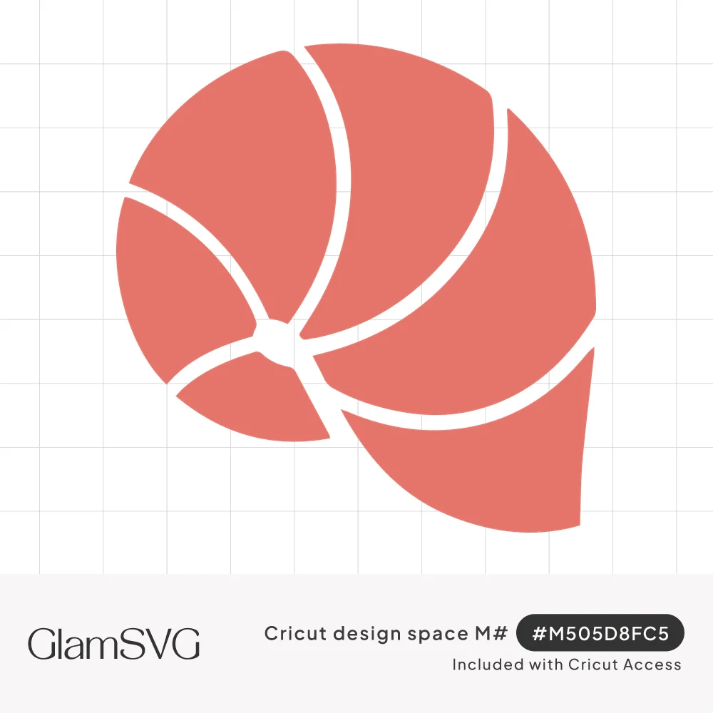 Coral pink spiral nautilus seashell silhouette with white curved lines dividing the shell chambers