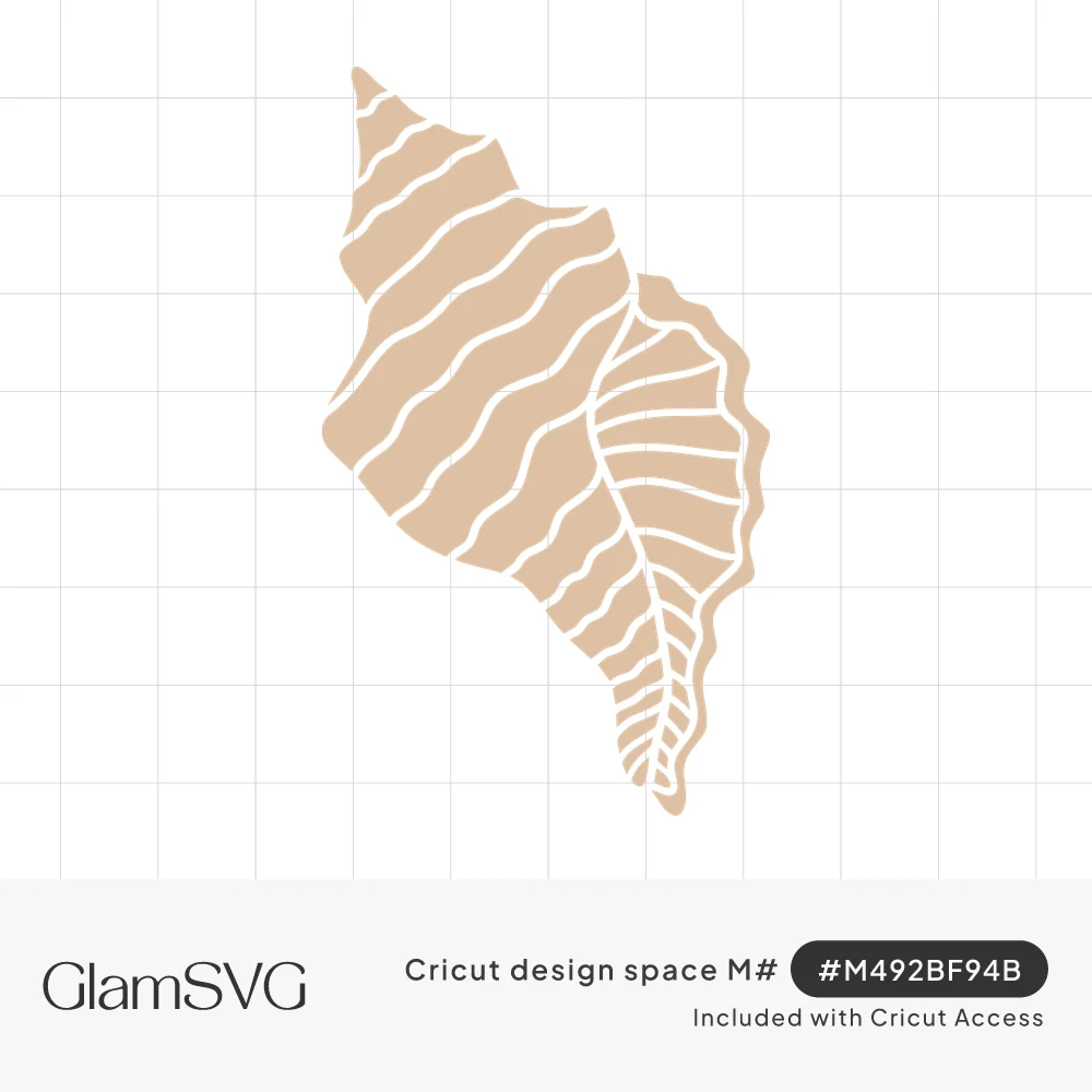 Tan conch seashell silhouette with flowing white wavy stripes and a fine veined pattern along its open lip