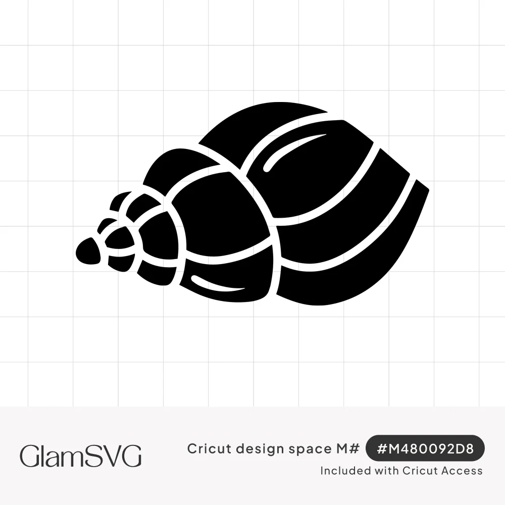 Black silhouette of a spiral seashell lying on its side with white lines outlining its whorls and highlights