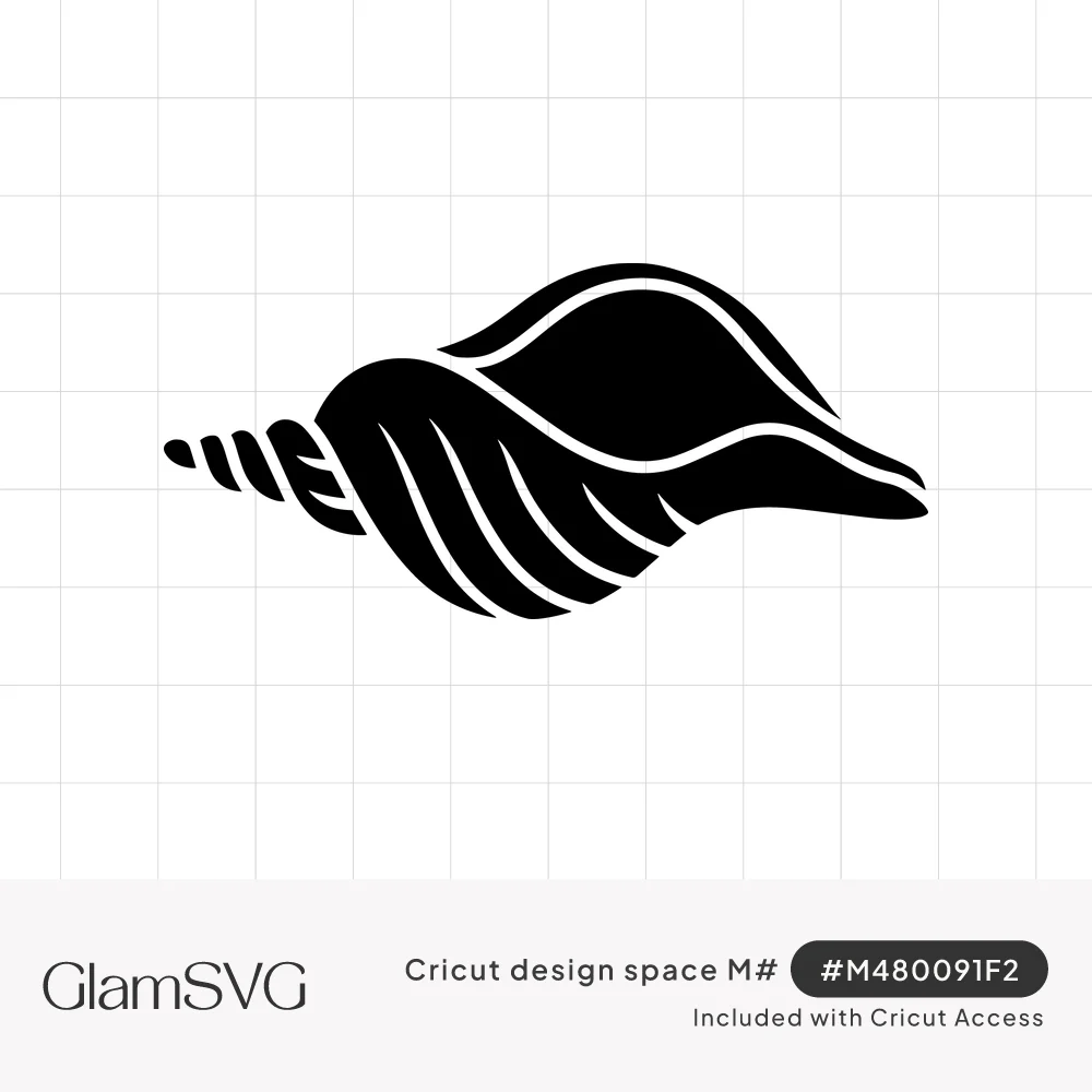 Black silhouette of a conch seashell with a spiral tip and curving white detail lines