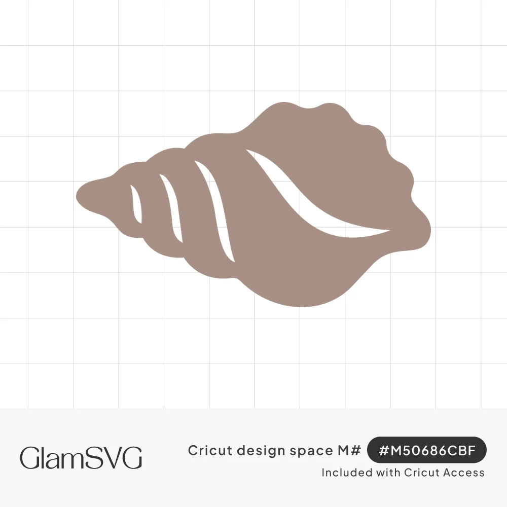 Taupe conch seashell silhouette with curved cutout slits along its spiral and a wavy scalloped edge