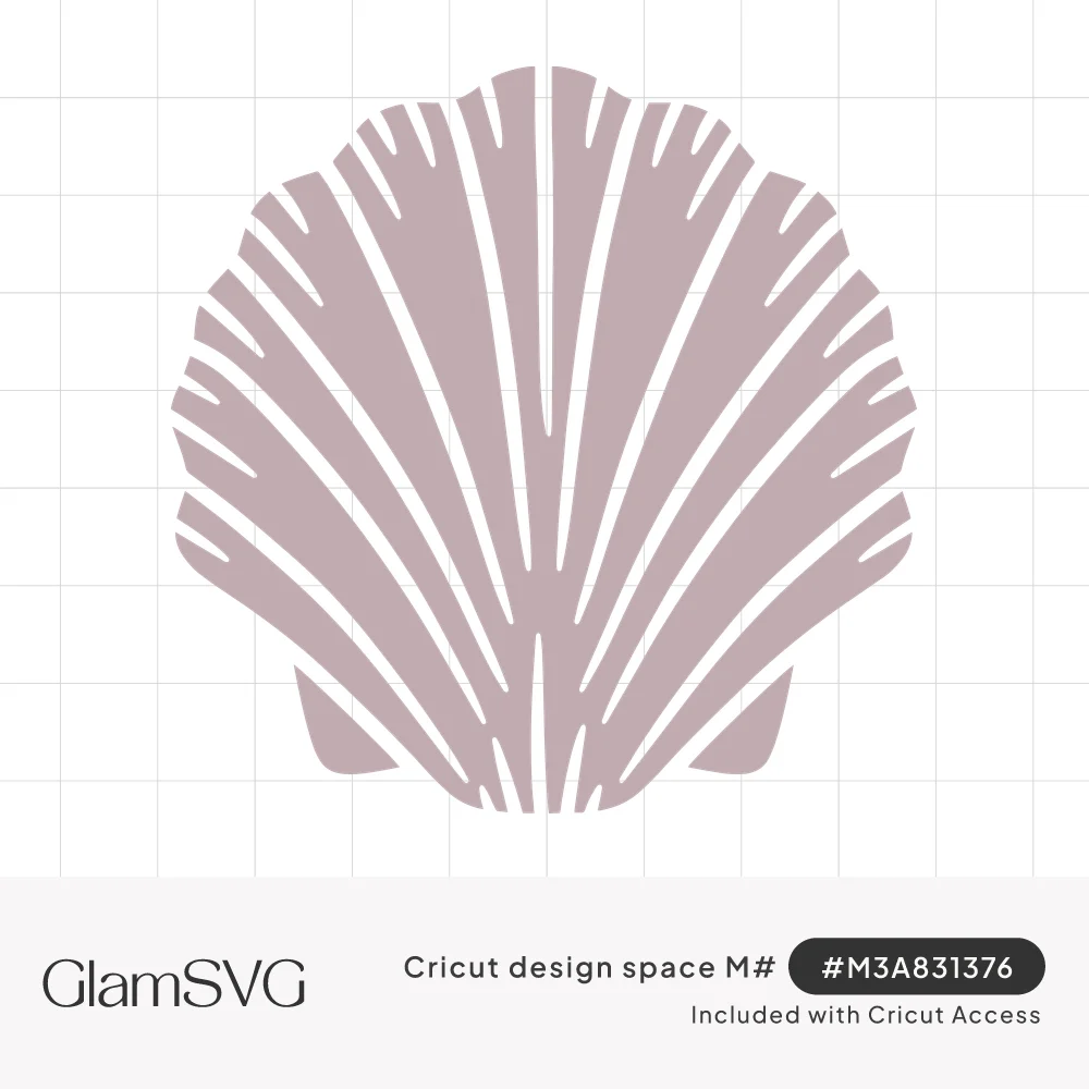 Dusty mauve scallop seashell silhouette with white fanned ridge lines radiating from the base