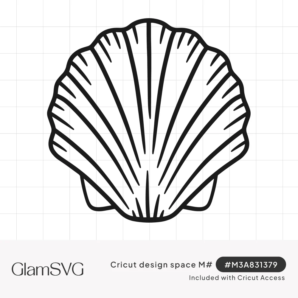 Black outline drawing of a scallop seashell with fanned, fluted ridges and a small hinge at the base