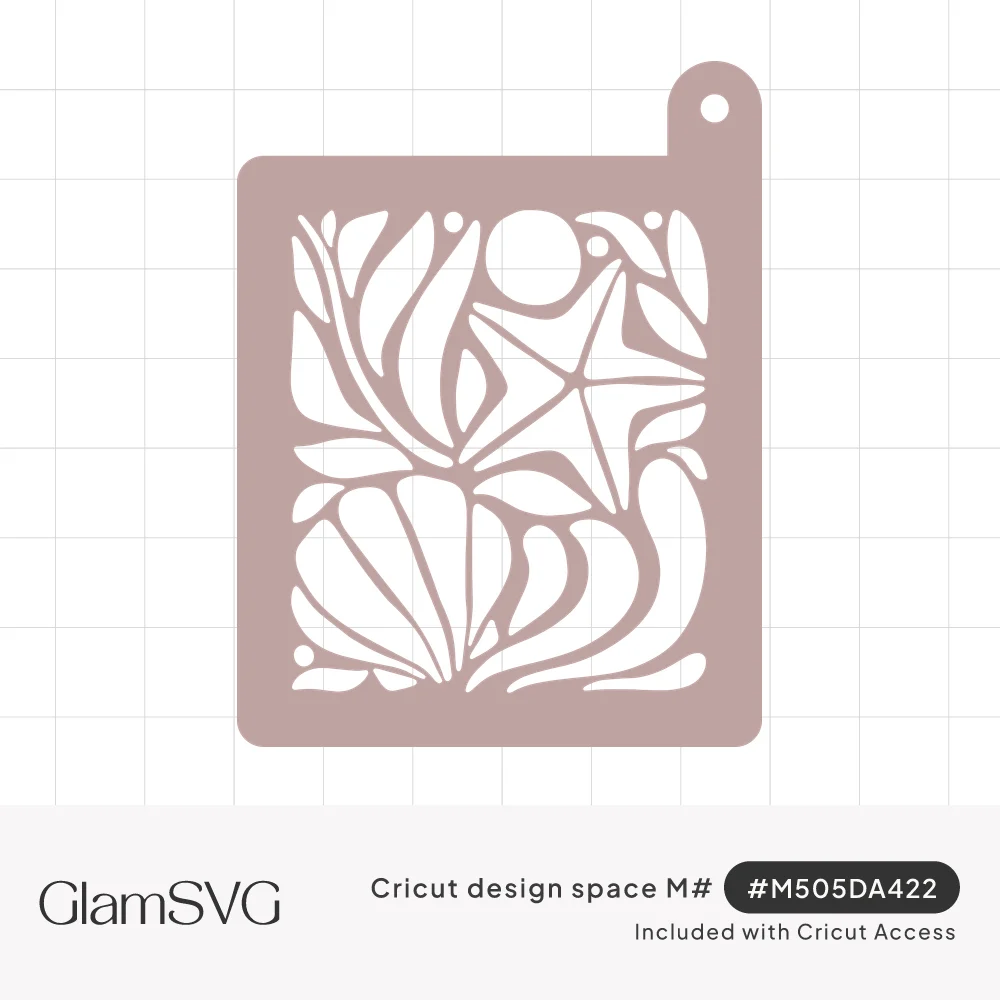 Rectangular stencil with hanging tab showing cutout scallop shell, starfish, pearl and seaweed leaves in organic shapes