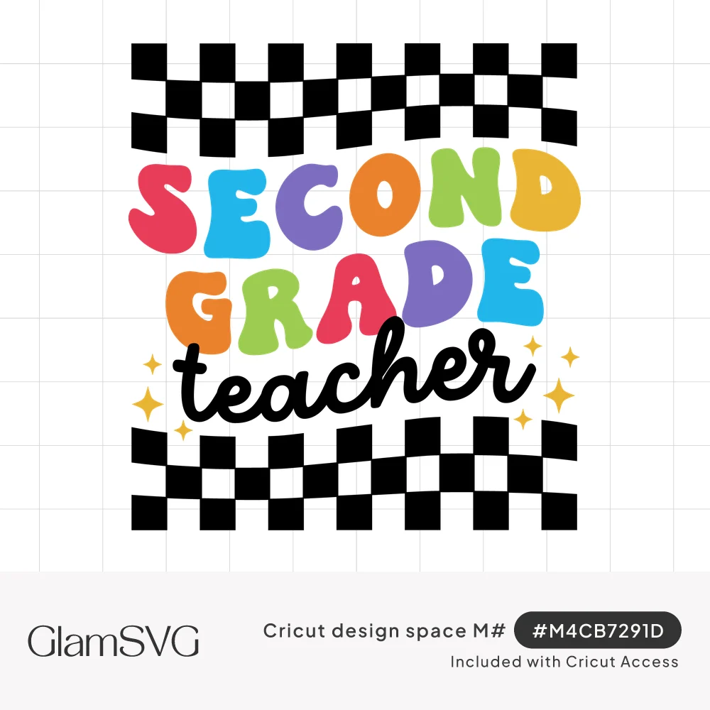 Rainbow bubble letters reading Second Grade with script teacher, sparkles, and wavy black and white checkered bands