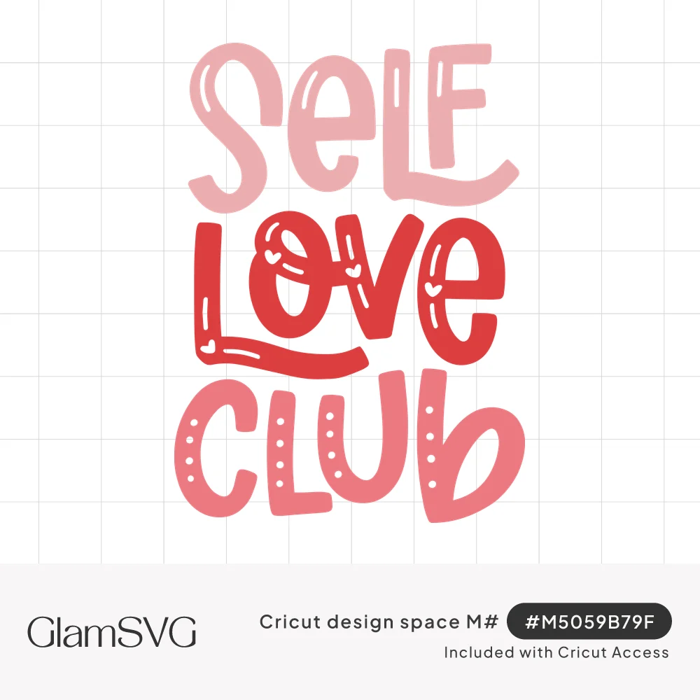 Stacked hand-lettered words Self Love Club in pink, red and coral with small hearts and dot accents