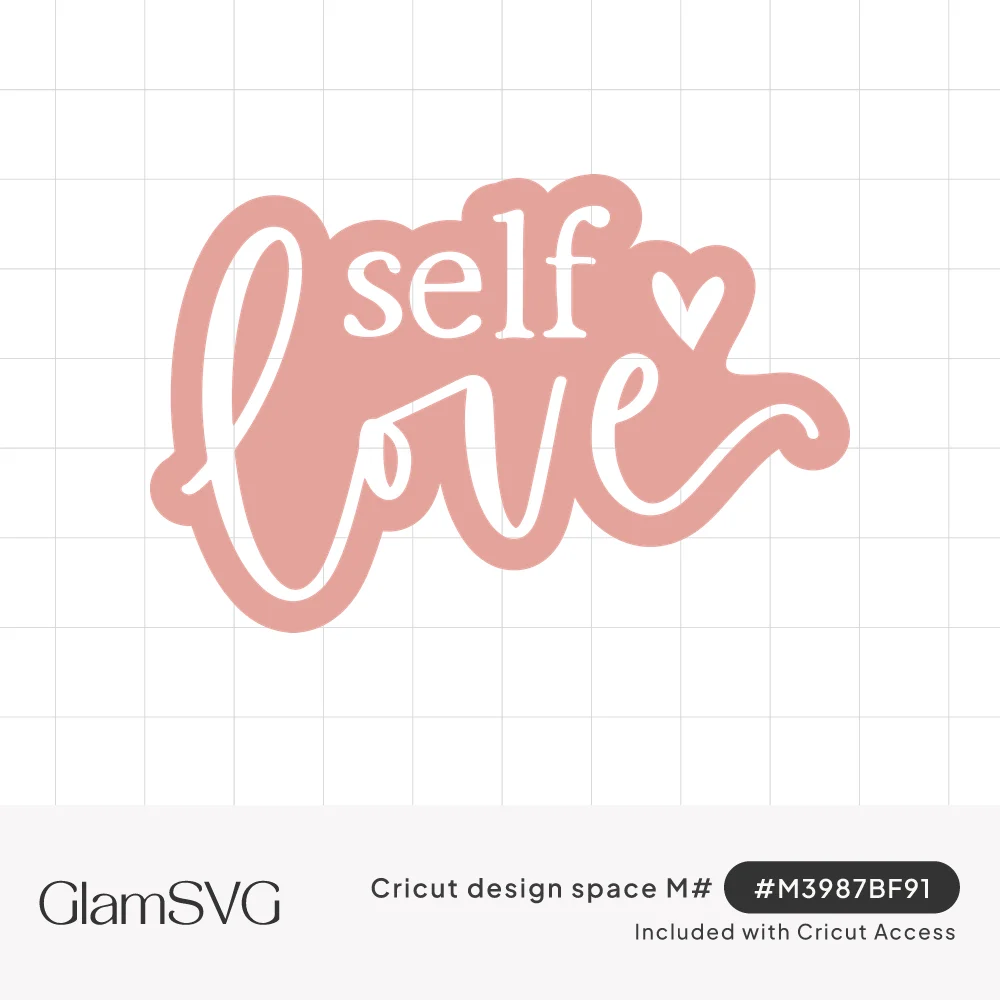 White "self love" lettering in serif and script with a small heart, set on a dusty pink sticker-style offset shape