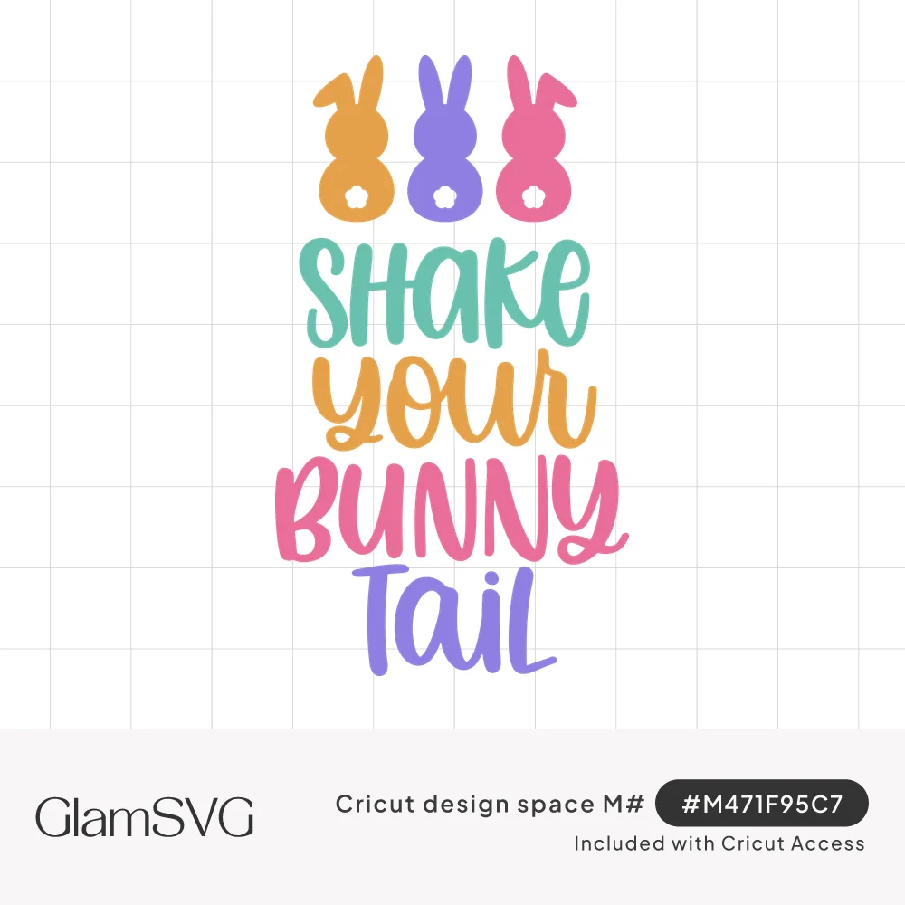 Three pastel bunny silhouettes with cotton tails above colorful lettering reading Shake Your Bunny Tail