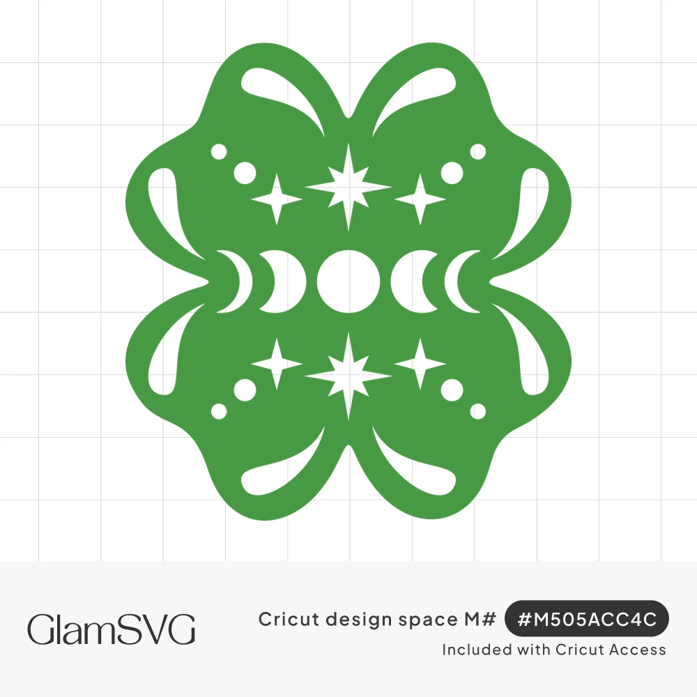 Green four leaf clover with cutout moon phases, sparkling stars and dots in a symmetrical celestial design