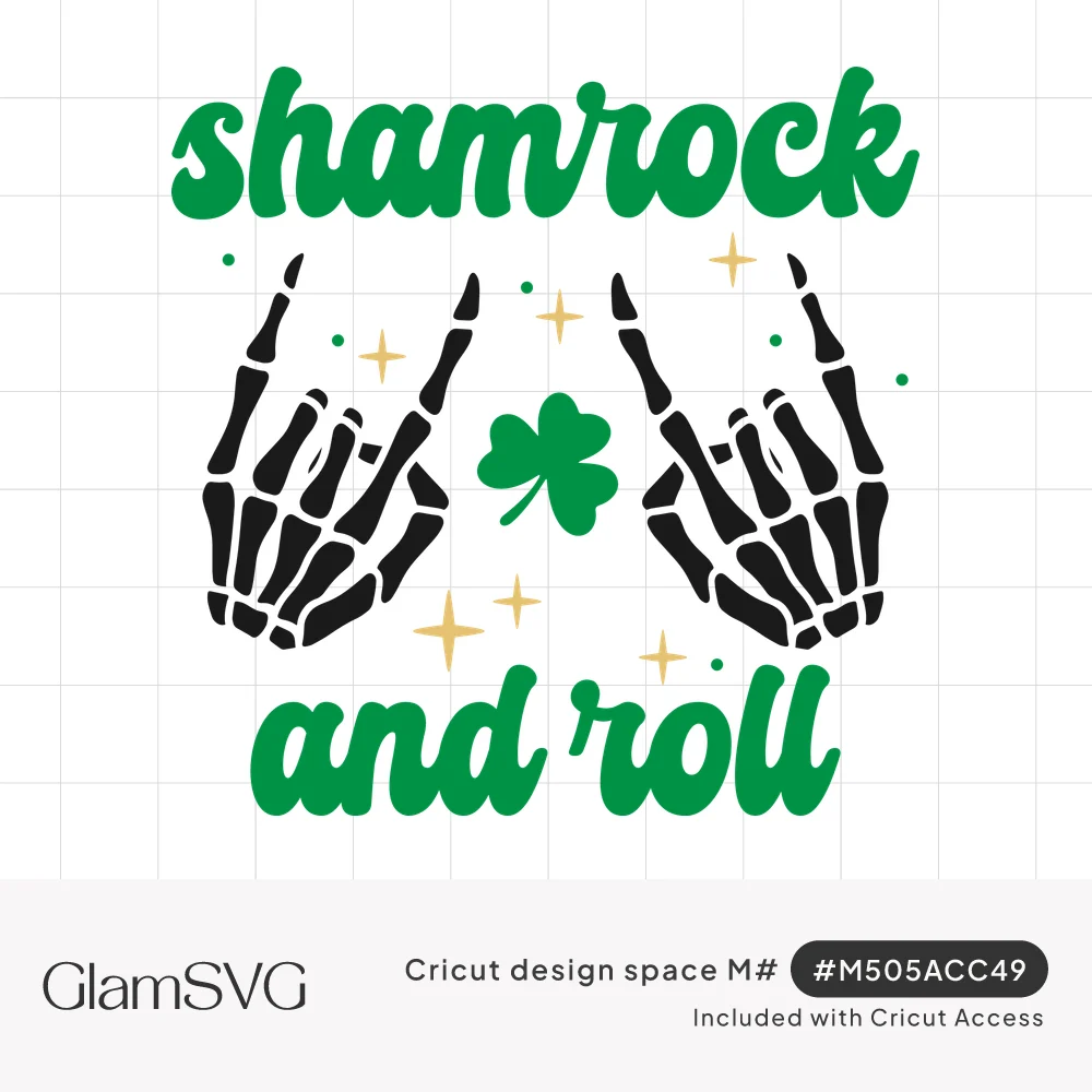 Black skeleton hands making rock-on signs around a green shamrock, with green script reading shamrock and roll and gold spark