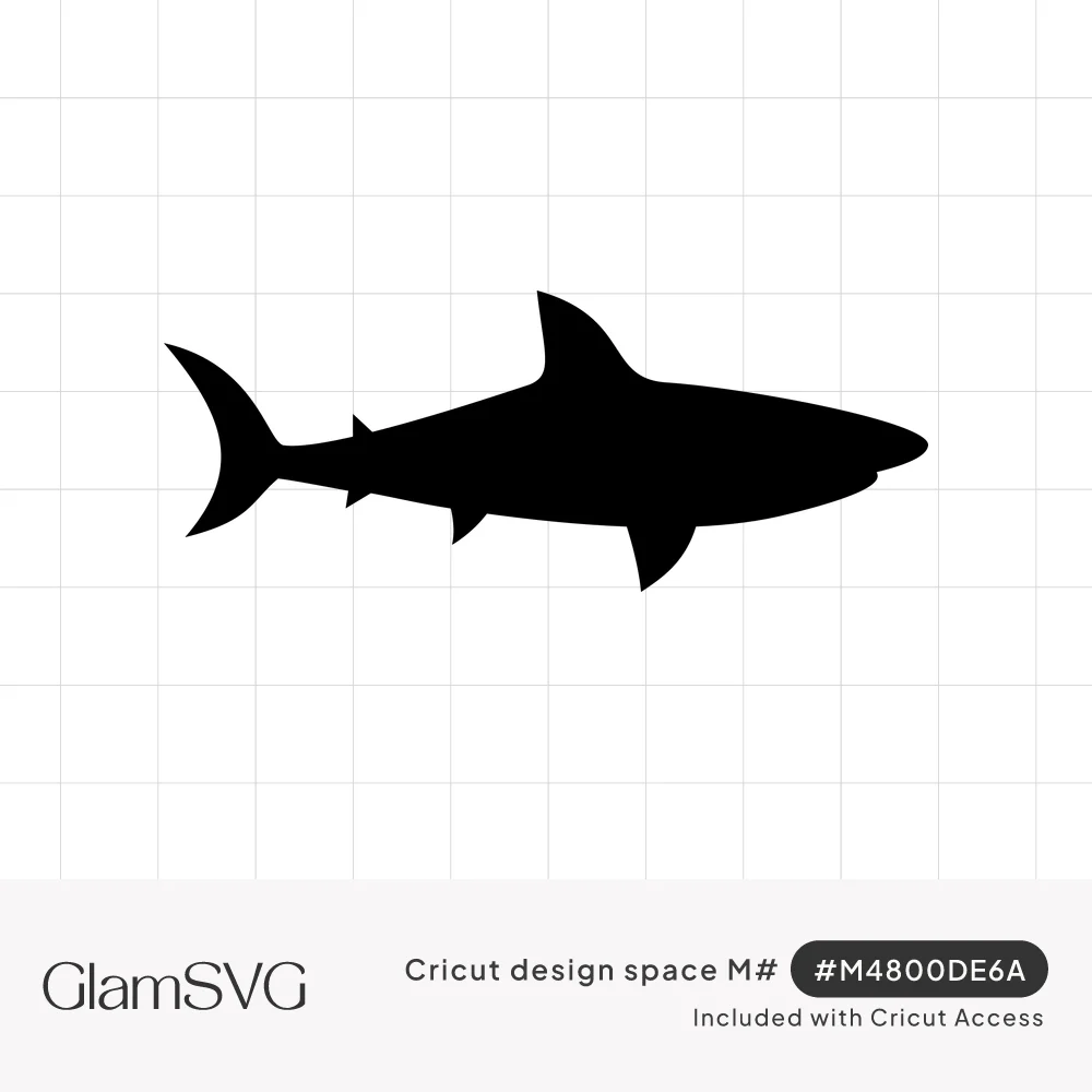 Solid black silhouette of a shark swimming left to right with a tall dorsal fin and crescent tail