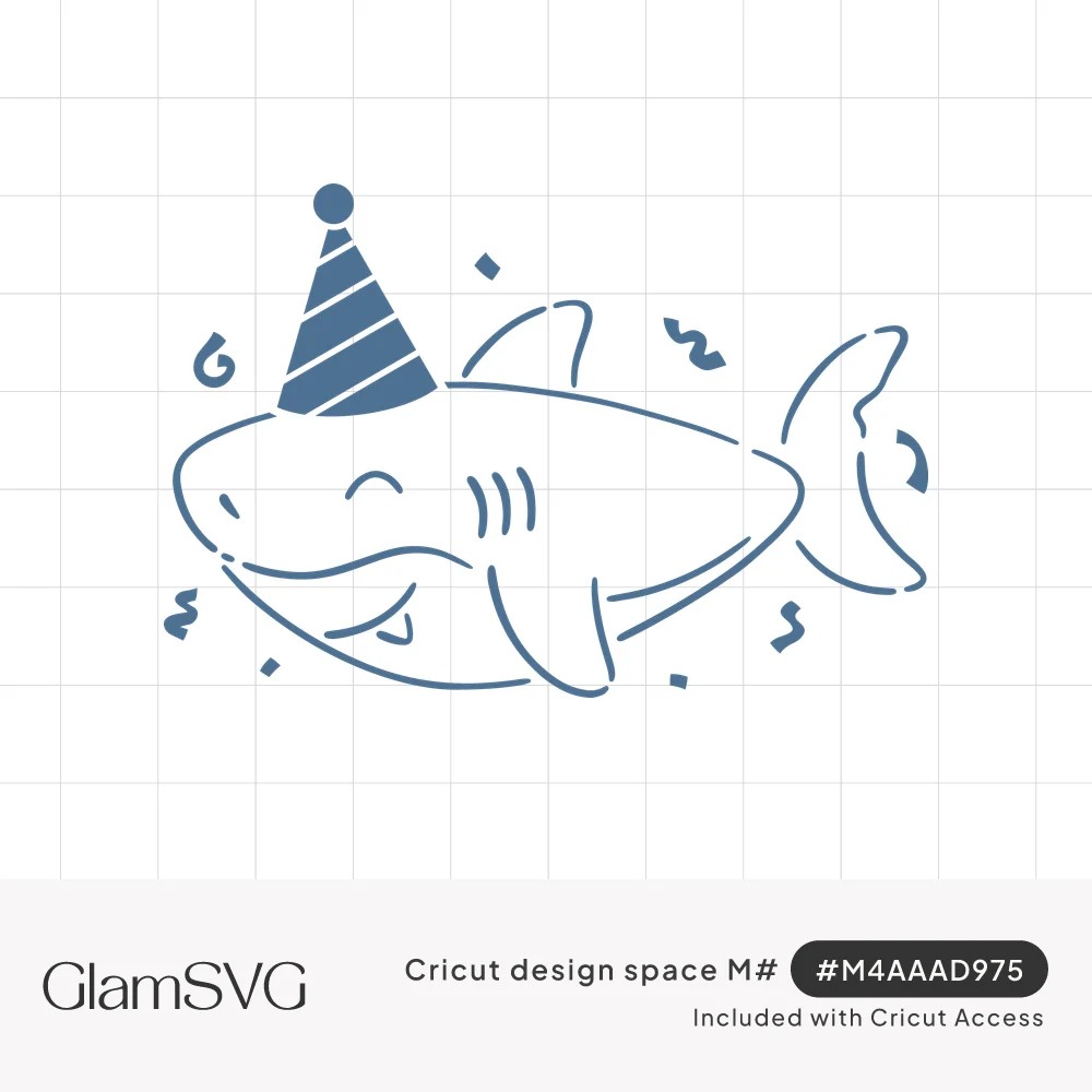 Line drawing of a smiling shark wearing a striped party hat with confetti scattered around it